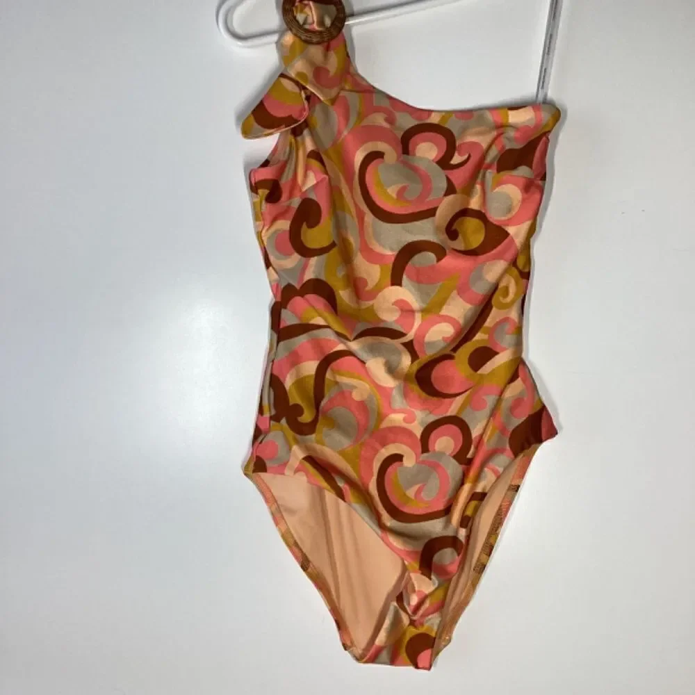 Zimmermann Mae Orange Swirl Print One-Shoulder Buckle Swimsuit NWT Size‎ 4